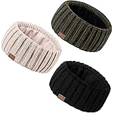 MUTKIS Winter Headbands for Women 3 Pack, Ear Warmers for Women Headband Wool Knit Thick Fleece Lined, Cold Weather Warm Ear Muffs(Black&Beige&Army)