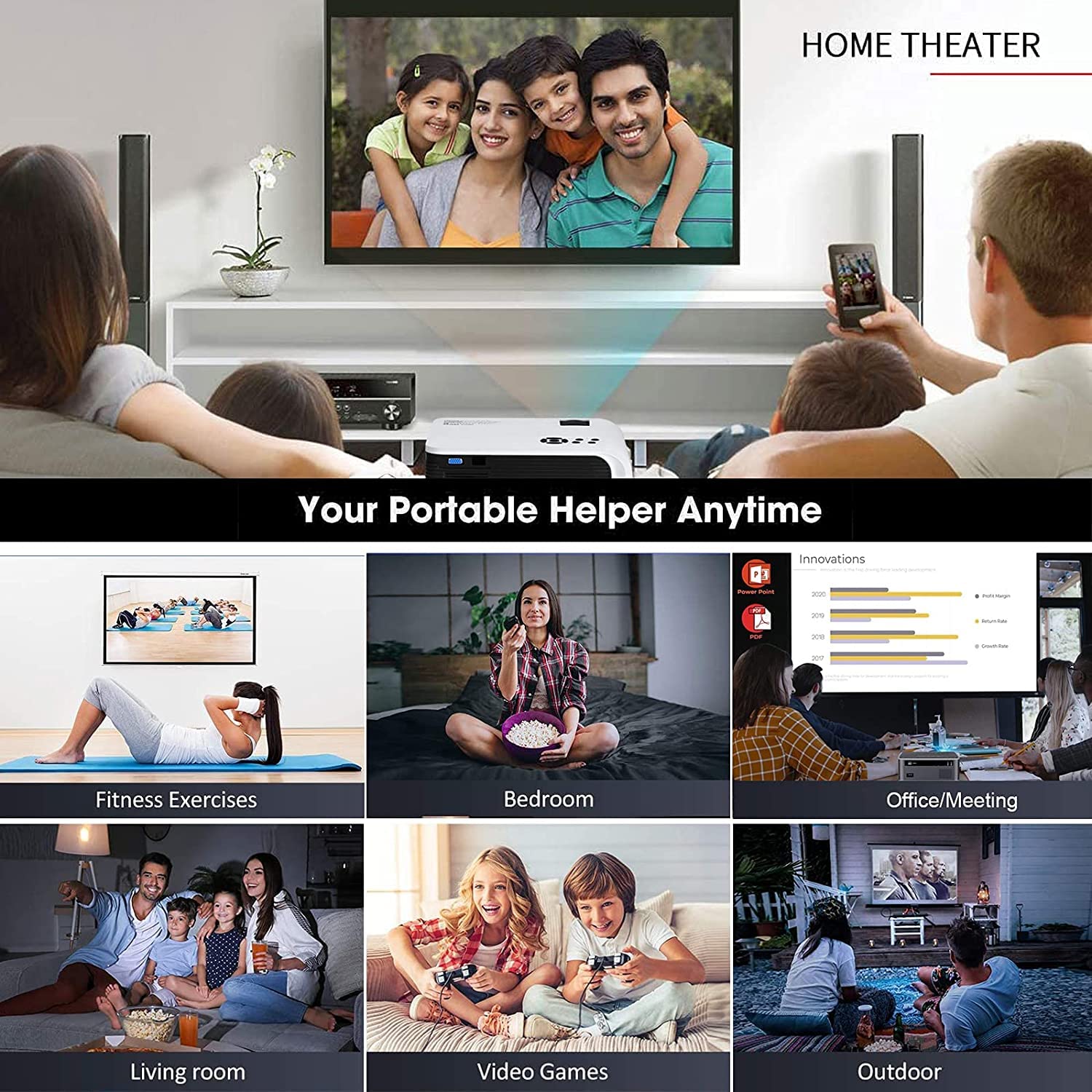 JIFAR HD Projector with WiFi and Bluetooth, 5G WiFi Native 1080P 12000L Outdoor Projector Support 4K 450