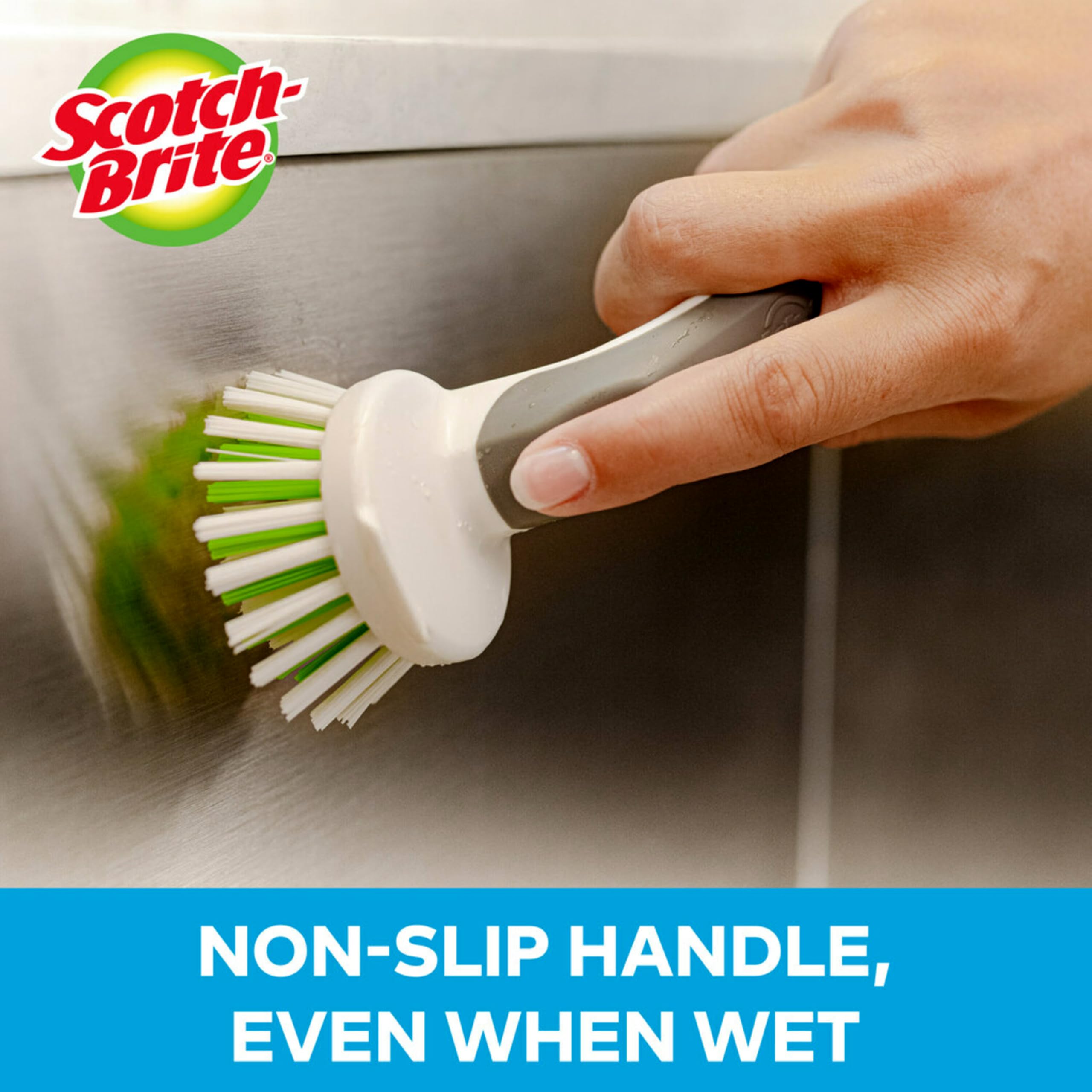 Scotch-Brite Handy Brush, Small and Durable Dish Brush with Handle for Scrubbing Hard-to-Reach Cookware, Tubs, Sinks, Car Tires, and More without Scratching, Antimicrobial, and Rinses Clean