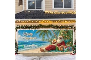 THISFIND Beach-Themed Merry Christmas Garage Door Banner – Tropical Santa Claus with Palm Trees & Gifts – Fun Holiday Outdoor Decor