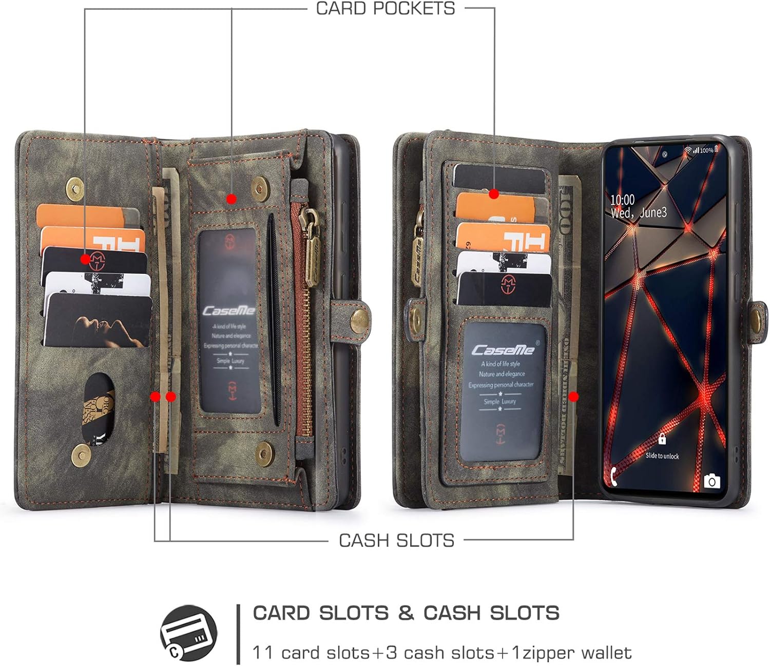 ANROD Detachable Leather Wallet Case for Samsung Galaxy S20 FE 5G,CaseMe Magnetic Closure 2-in-1 Flip TPU Shockproof Zipper Purse Back Cover with Card Slots (Black) - Image 3