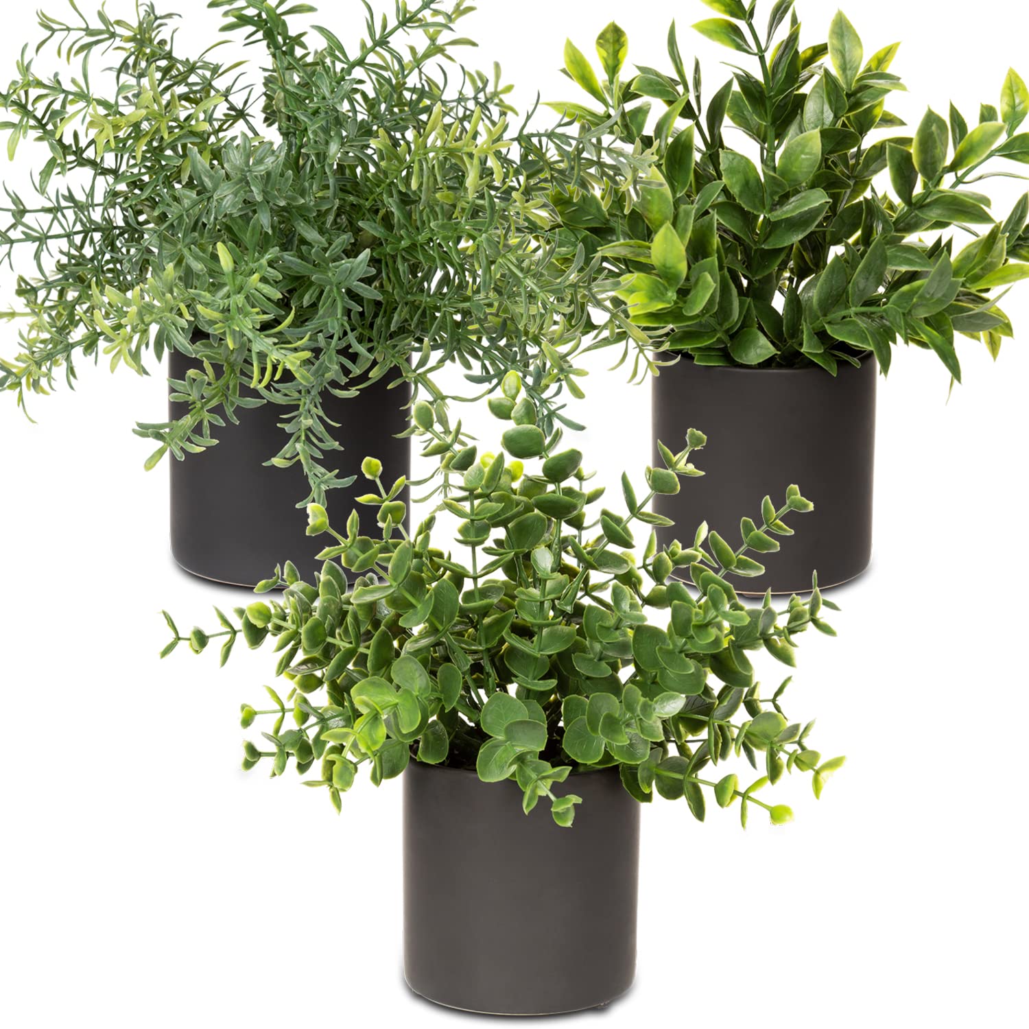 Oairse Fake Plants Set of 3 Artificial Plant in Ceramic Pot Small Artificial Plants Indoor Eucalyptus Rosemary Faux Plant Potted for Home Living Room Bedroom Bathroom Living Room Desk Decor, 23cm