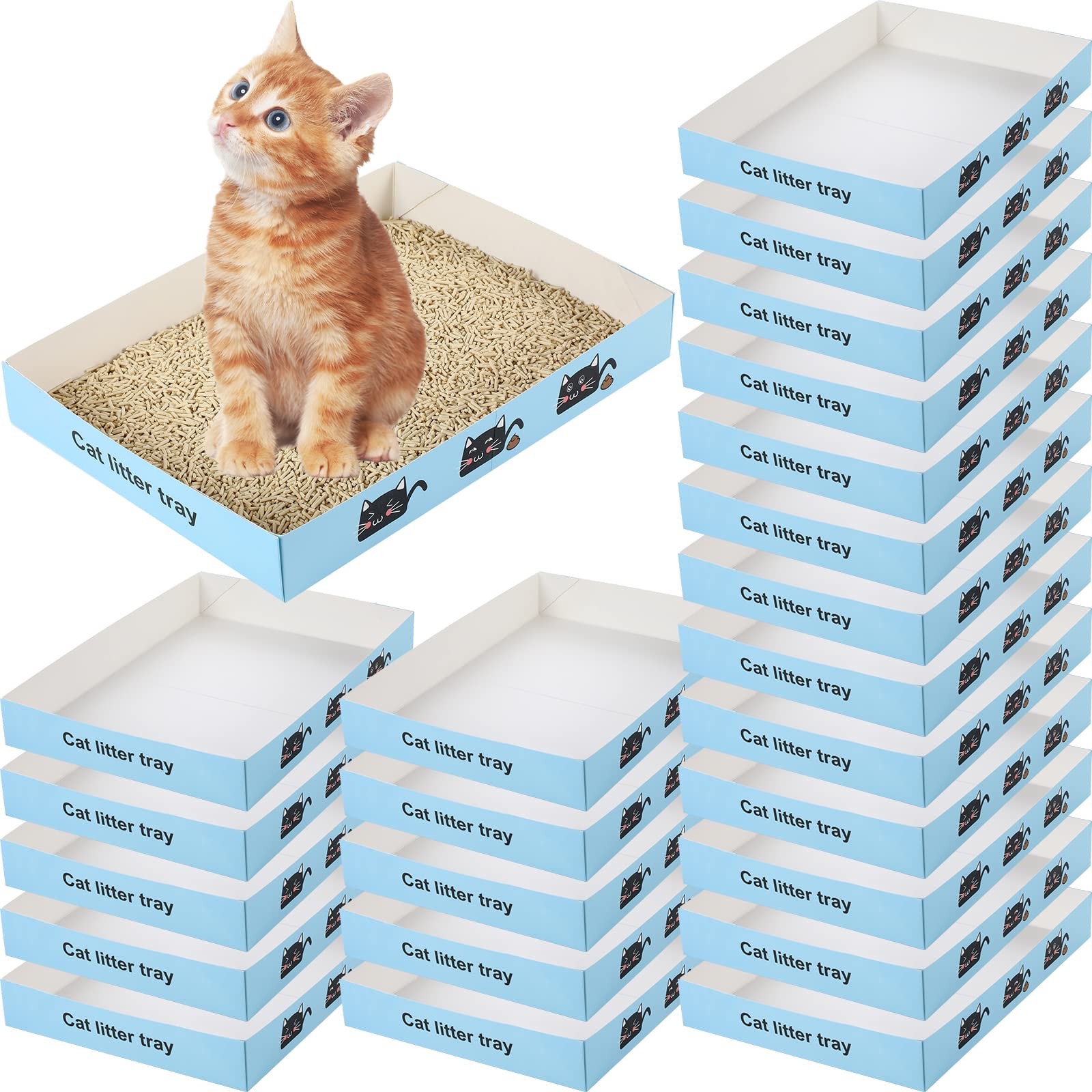 Photo 1 of 30 Pack Disposable Cat Litter Box Foldable Paper Kitty Tray 13.8x10x2 in Small Lightweight Cardboard Box Water Proof for Indoor Low Entry Easy Disposal Non Clumping Nice Absorption Portable (Blue)