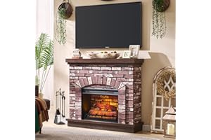IFBUY Farmhouse Electric Fireplace with Mantel, 42" Fireplace TV Stand with 23'' Freestanding Electric Fireplace Heater, Remote Control, Adjustable 3D Realistic Flame Level for Living Room, Light Brown