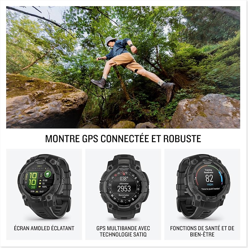 Instinct 3, Montre GPS connectée Robuste AMOLED, Noir, 45mm