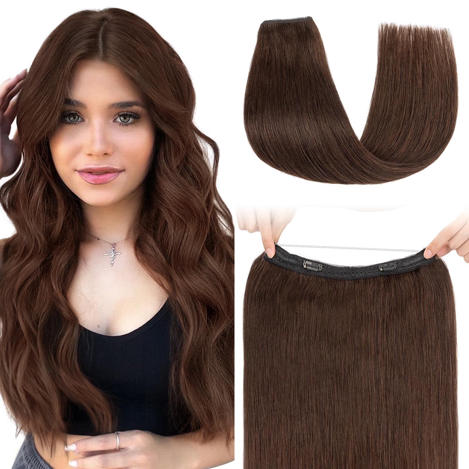 Photo 1 of S-noilite Halo Hair Extension Invisible Wire in Real Remy Human Hair Extensions with Clips Adjustable Hidden Wire in Hair Extension for Women 20 inch Dark Brown