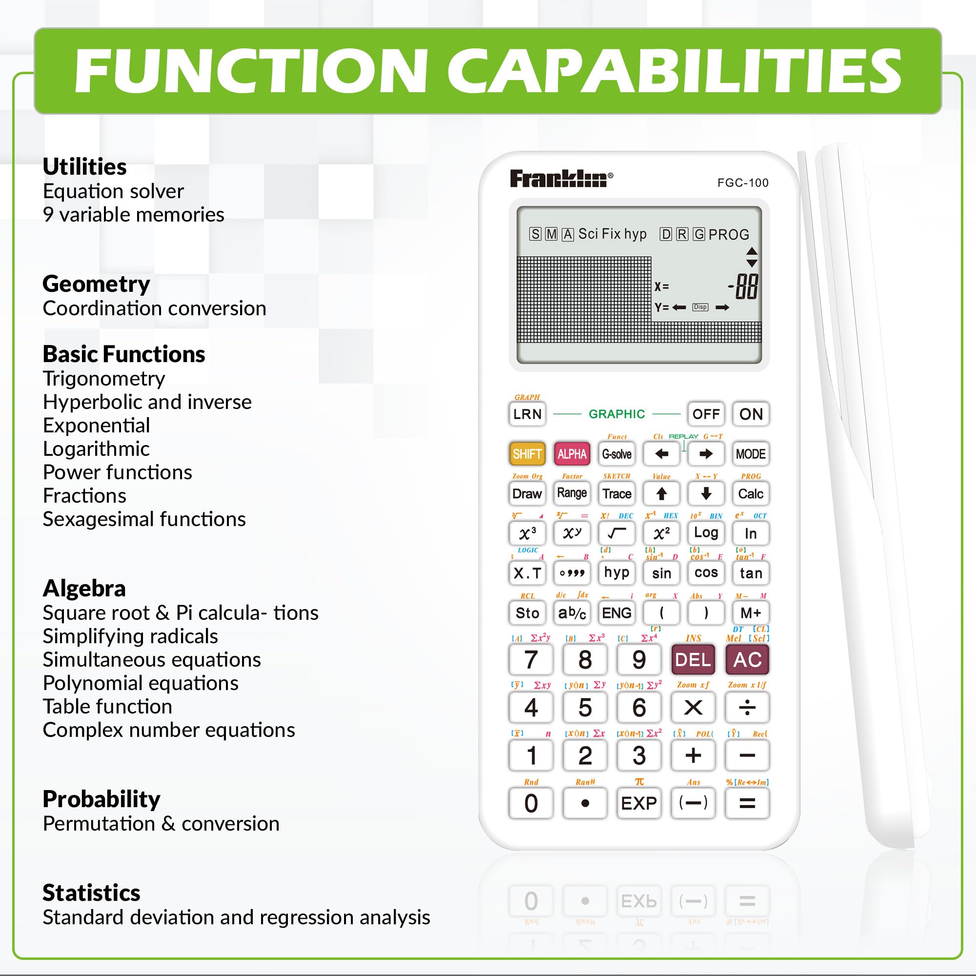 Franklin Scientific Graphing Calculator with 3 Operating Modes - Scientific Calculator Includes 20 Built-in graphs - Ideal for Beginner and Advanced Courses with Protective Cover - White