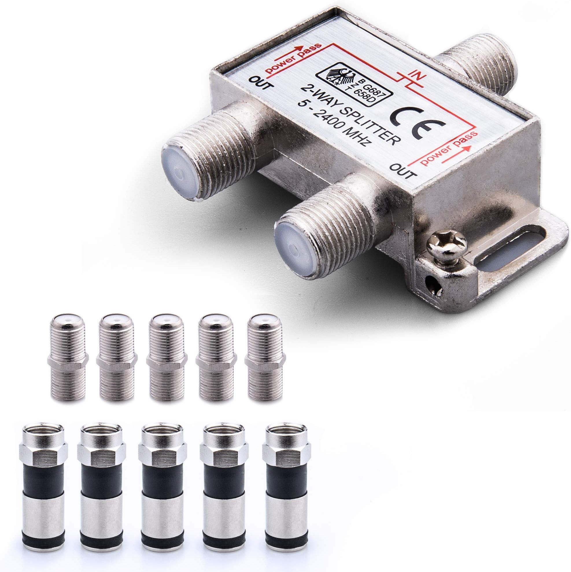 GTOTd 2-Way Coax Cable Splitter 5-2400MHz (Included 4X RG6 Coaxial Cable Compression Fitting and 5X RG6 F-Type Coaxial Connectors)