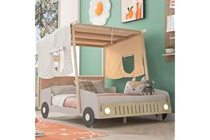 Harper & Bright Designs Full Size Kids Car Bed with Pillow, Ceiling Cloth and LED Light, Full Playhouse Bed Frame, Kids Canopy Bed, Wood Full Platform Bed for Kids Boys Girls Teens (Natural, Full)