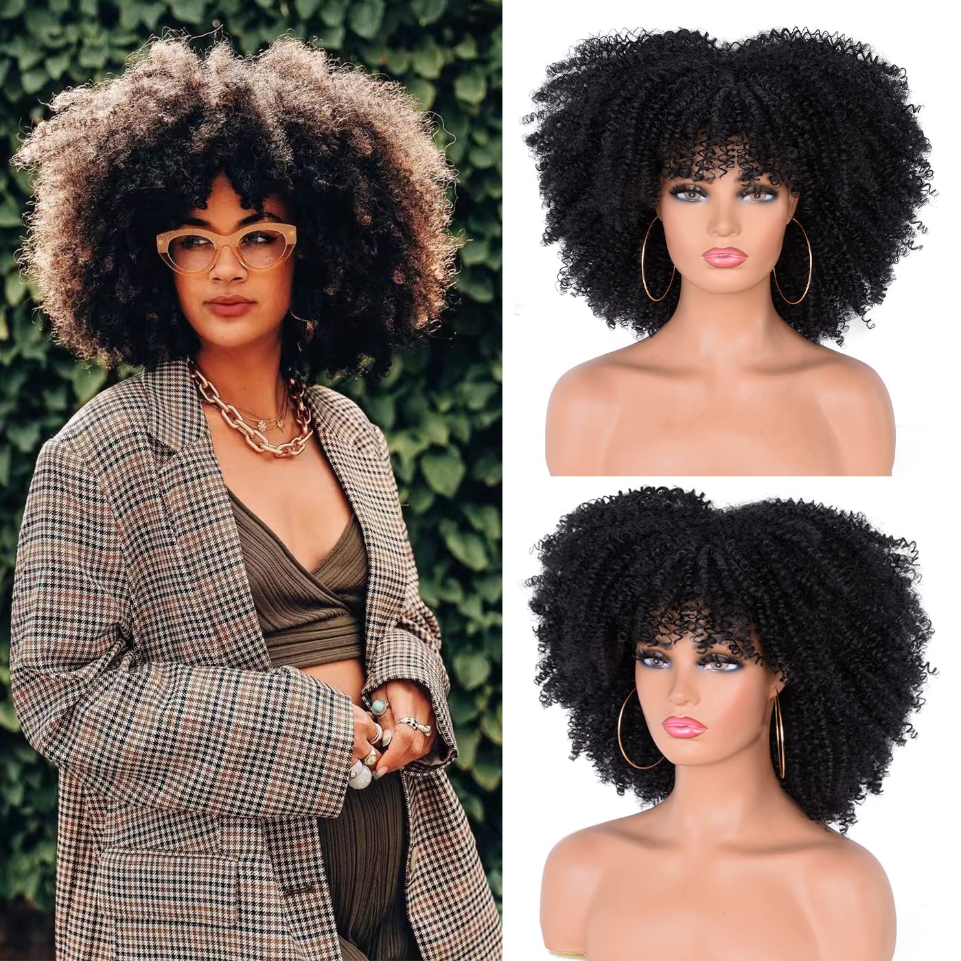 ISAMY 14inch Afro Bomb Curly Wigs for Black Women Short Afro Kinky Curly Wig with Bangs Full Curly Wig (Black) โ image 1
