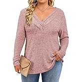 Yousify Womens Plus Size Long Sleeve Tunic Tops Dressy Casual Pleated V Neck Fall Blouses Curvy Loose Fit Shirts