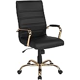 Flash Furniture Whitney High-Back Swivel LeatherSoft Desk Chair with Padded Seat and Armrests, Adjustable Height Padded Office Chair, Black/Gold