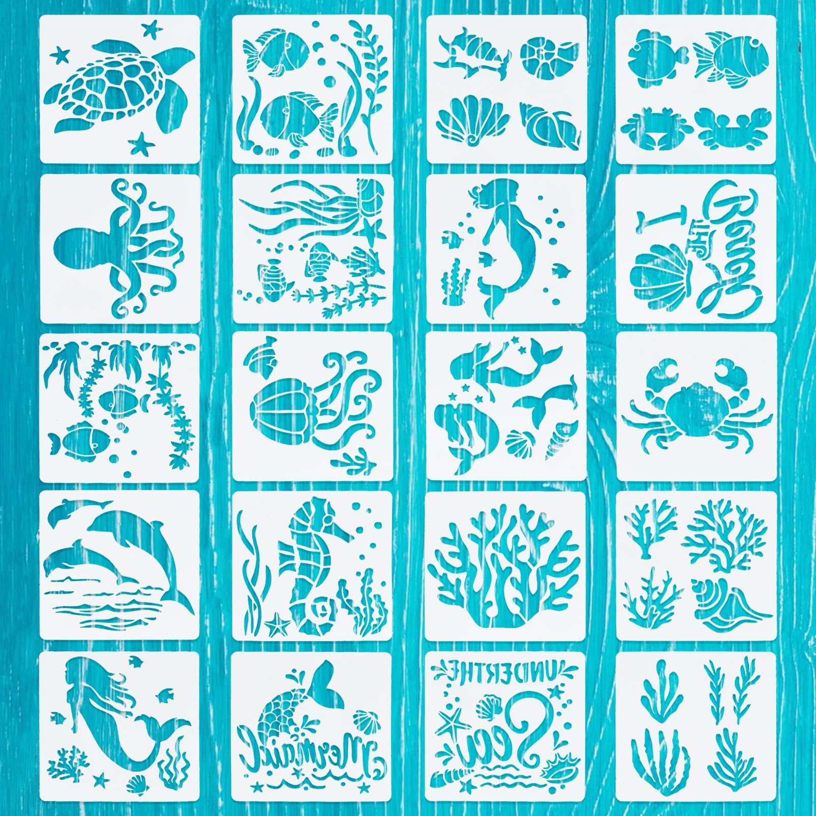 NICENEEDED 20 PCS Ocean Creatures Stencils, Mermaid Seahorse Sea Turtle Dolphin Shark Stencils Templates, Under The Sea Animal Painting Stencils for Painting on Scrapbooking Wood Wall Decor