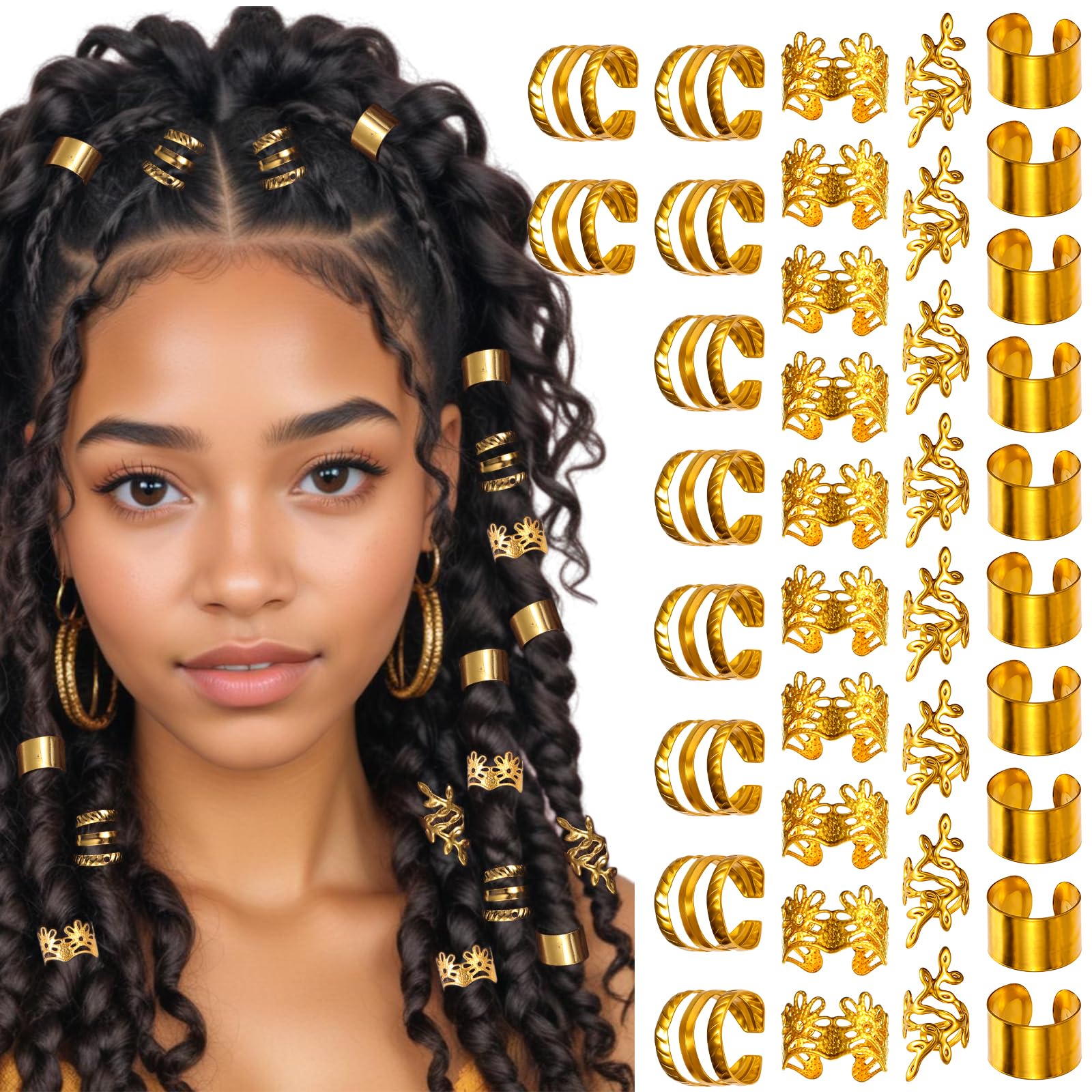 Photo 1 of Mabor 40Pcs Hair Cuffs for Braids Gold Hair Jewelry for Braid Accessories Loc Jewelry Clips Metal Dreadlock Braid Charms Decoration for Women Girls Non-Piercing Ear Clips