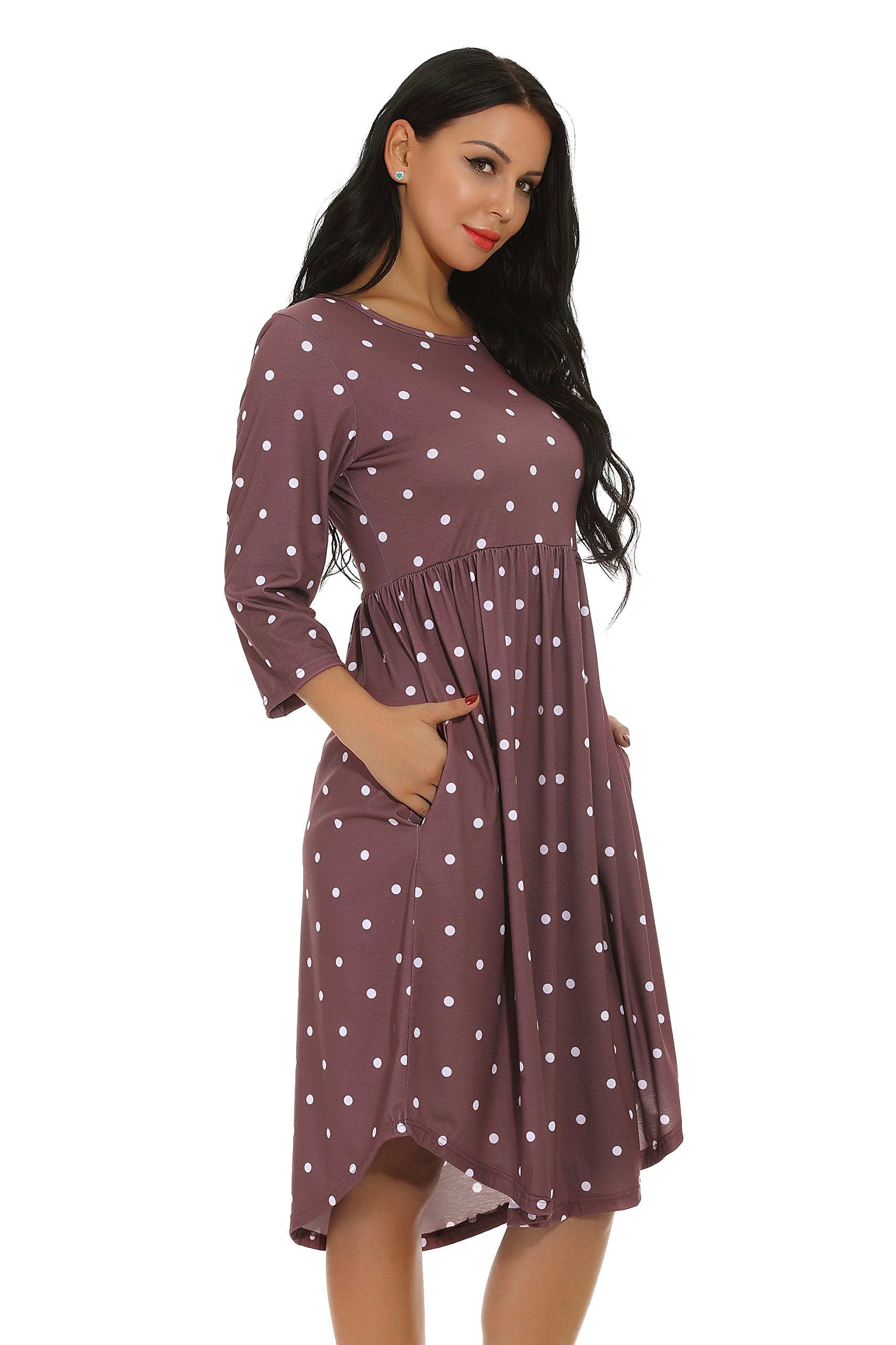 Fronage Fall 3 4 Sleeve Jersey Knit Dresses for Women Casual Hi Low Tunic Tops Cotton Dress (Coffee, S)