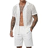 KENQOLA Mens 2 Piece Short Set Summer Outfits Lace Sexy Shirt and Shorts Set See Through Mesh Short Sleeve and Shorts Set