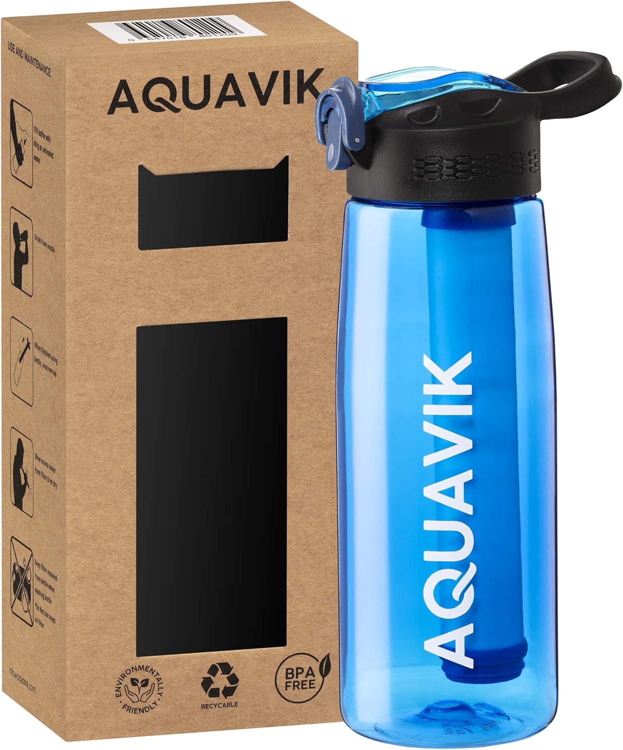 AquaVik Portable Water Filter Bottle for Survival, Travel, Camping, Hiking, Hunting, Outdoor and Daily Use, Home & Office. Filtered Water Bottle is BPA Free and Leakproof. Water bottle with filter: Home Improvement