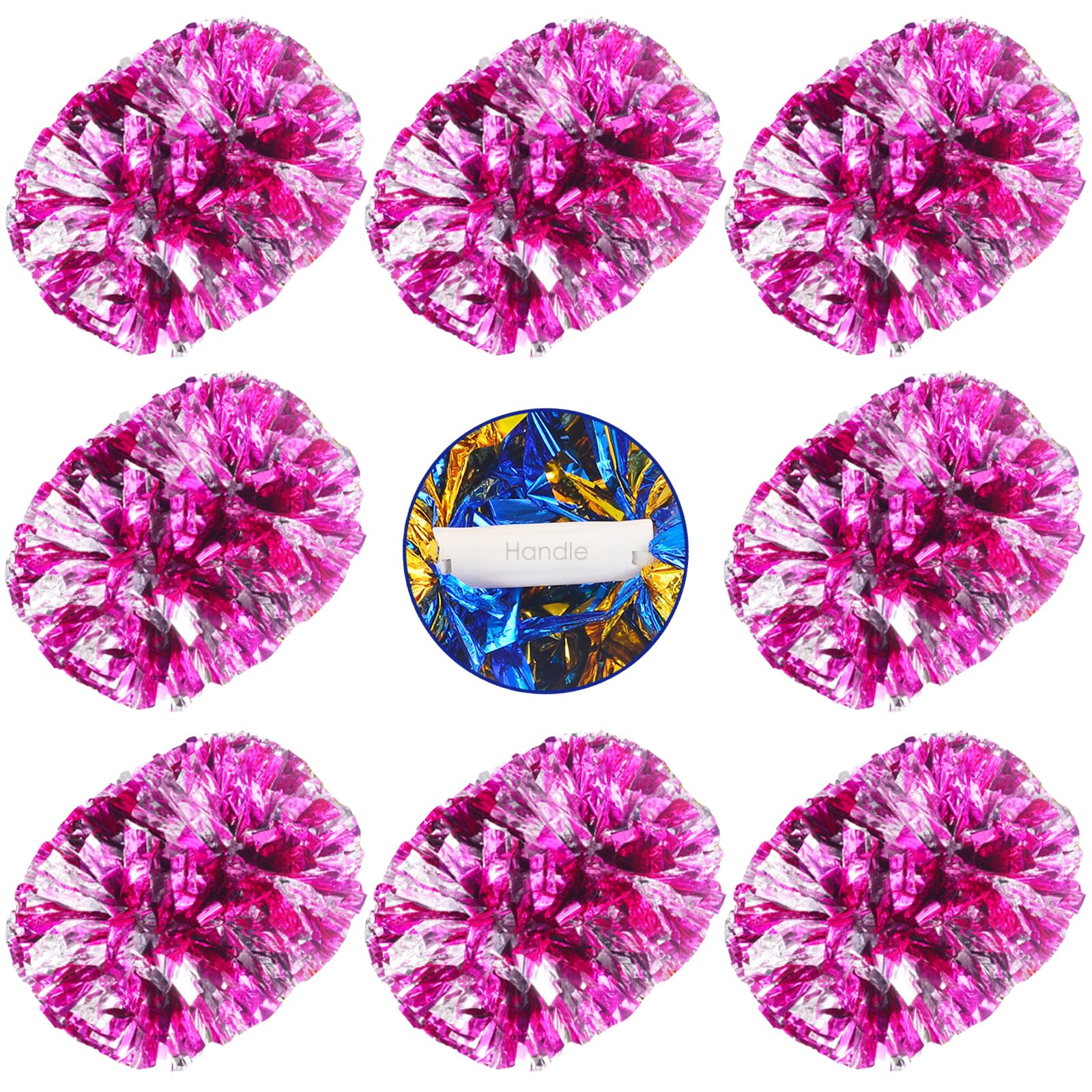Photo 1 of Vegove 8 Packs Cheerleading Pom Poms, Plastic Metallic Foil Cheer Hand Flowers Bulk, Cheerlead Pompoms for Adult Sports Team Ball Game 13.4 Inch, 75g Weight Each (Hot Pink/Sliver)