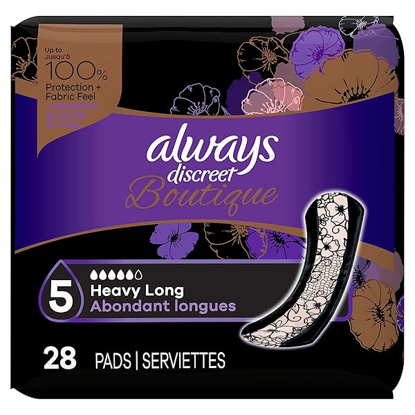 ALWAYS DISCREET BOUTIQUE INCONTINENCE PADS, SIZE 5, HEAVY ABSORPTION, LONG, 28 PADS