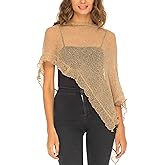 SHU-SHI Womens Sheer Poncho Shrug Lightweight Knit Ruffle Pullover Sweater Top