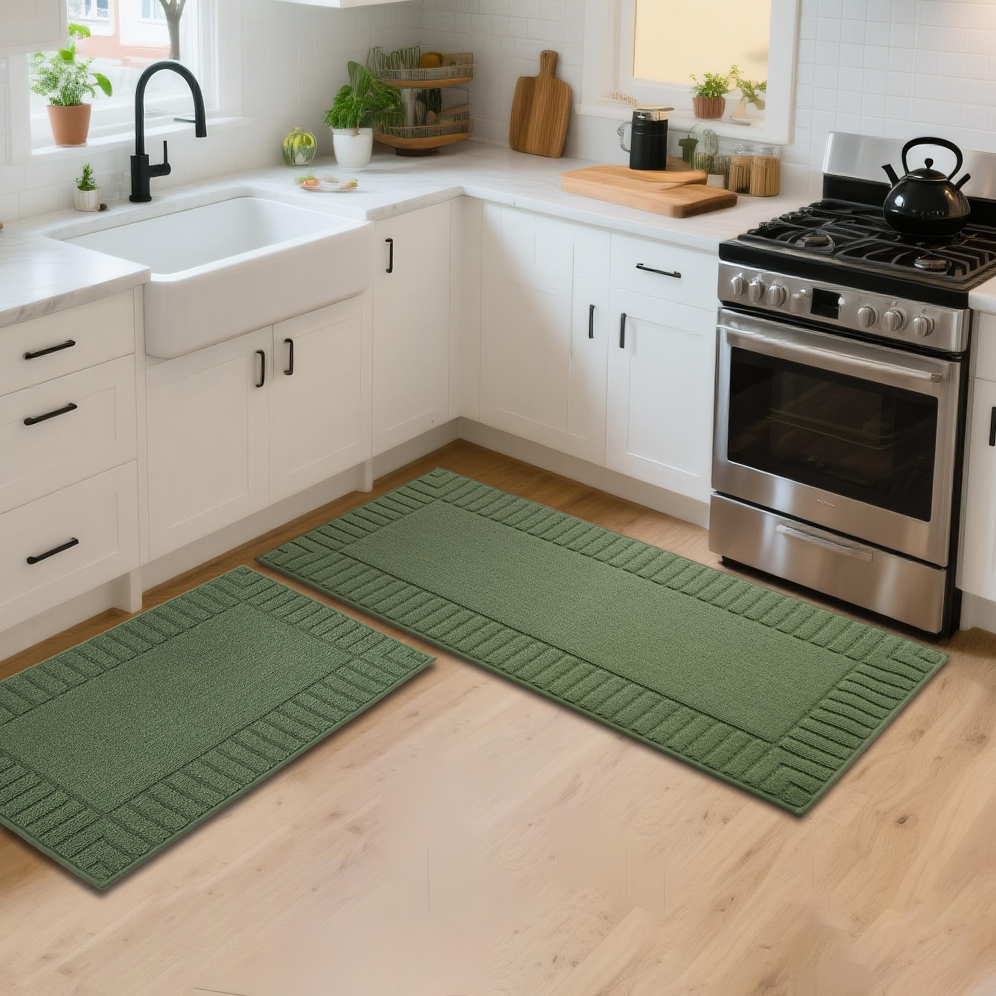 BEQHAUSE Kitchen Rugs Washable Kitchen Mats Floor Non-Slip Kitchen Mats Absorbent Kitchen Runner with TPR Non Skid Backing,Set of 2(50X76cm+50X122cm,Green)