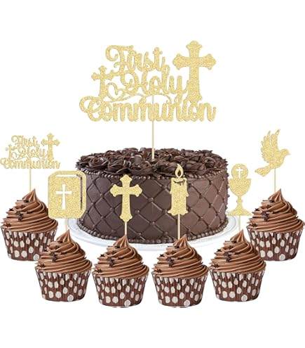 Gold Glitter First Holy Communion Cake Topper - Religious Celebration Decoration With Cross