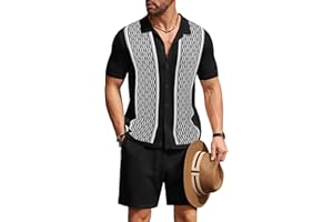 COOFANDY Men's 2 Piece Outfit Vintage Short Sleeve Button Down Knit Polo Shirts Casual Beach Shorts Sets