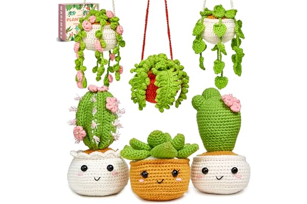 MAGIMUSE Crochet Kit for Beginners, Crochet Starter Kits, Amigurumi Craft Knitting Crocheting Kits with Step-by-Step Video Tutorials, 6 Pack Hanging Potted Plants Family(40%+ Yarn