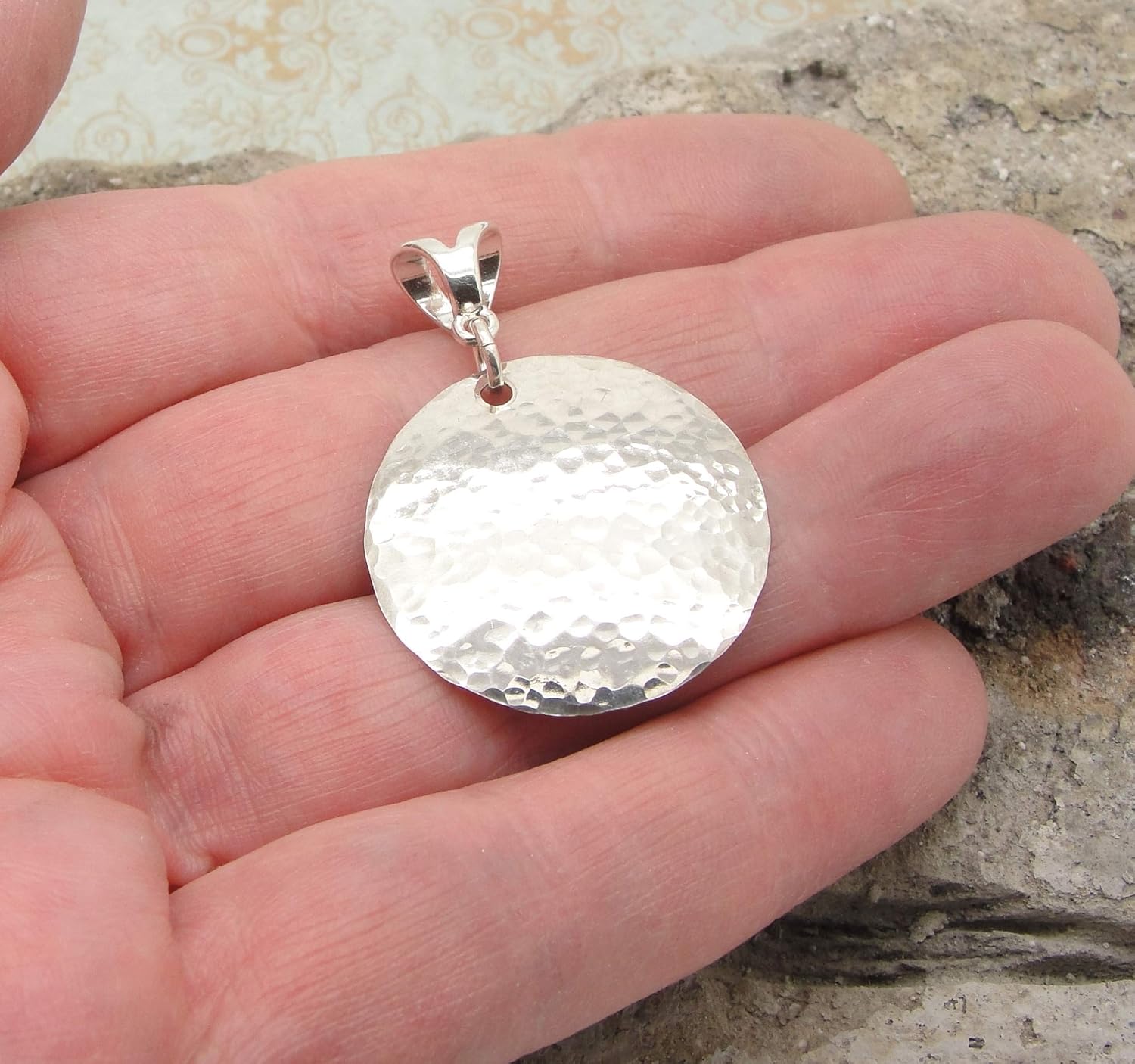 Medium Hammered Sterling Silver Disc 1 1/2 Inch Pendant No