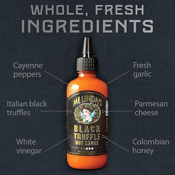 MELINDA’S BLACK TRUFFLE HOT SAUCE – GOURMET TRUFFLE HOT SAUCE MADE WITH FRESH INGREDIENTS, ITALIAN BLACK TRUFFLES, CAYENNE PEPPERS, GARLIC & COLOMBIAN HONEY – KETO, NO SUGAR, NO CARBS -12 OZ, 1 PACK