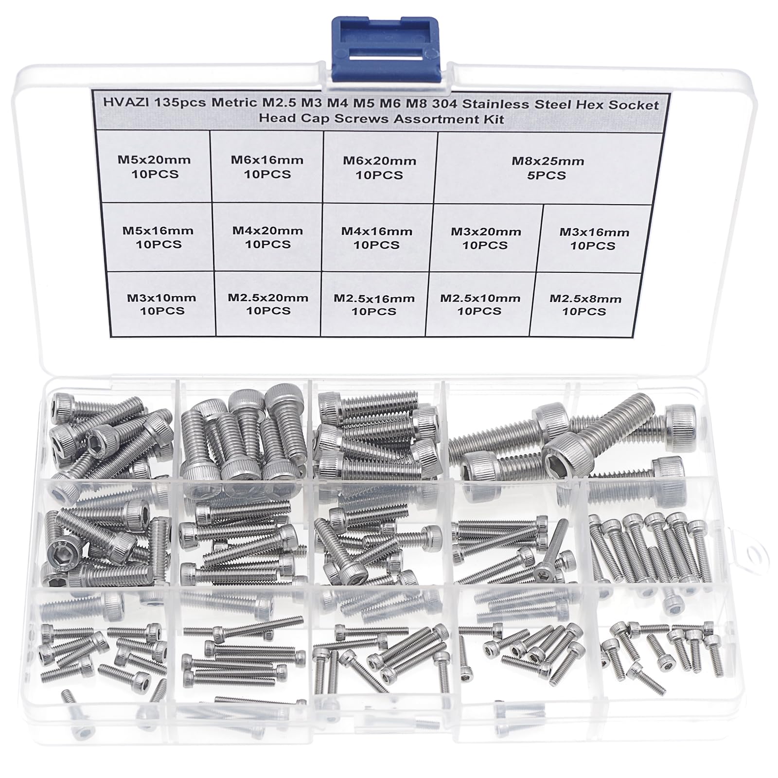 HVAZI 135pcs Metric M2.5 M3 M4 M5 M6 M8 304 Stainless Steel Hex Socket Head Cap Screws Assortment Kit
