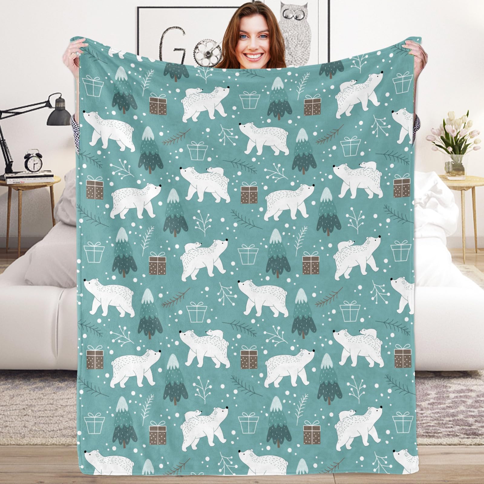 Polar Bear Teal Throw Blanket for Boys, 130x150 cm Cozy Cute Polar Bear Christmas Theme Fluffy Plush Blanket for Kids, Soft Polar Bear Flannel Throw Blanket for Children Teen Girls Gift Sofa Bed Couch — image 1