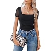 Avidlove Women's Short Sleeve Bodysuit Square Neck Sheer Mesh Bodysuit Leotard Ruched Thong Body Date Outfits Going Out Tops