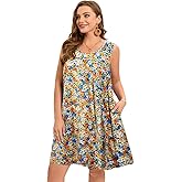 BELAROI Women Plus Size Summer Dresses Beach Sundress Casual Swing Scoop Neck Pleated Sleeveless Tshirt Tank Dress Floral Swimsuit Cover Ups with Pockets (1X, Flower77)