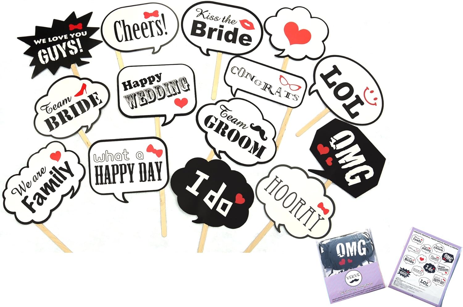 Amazon Co Jp ウエクエ吹き出しフォトプロップス14点セット Happy Props 結婚式 二次会 誕生日会写真小道具 スティック装着済み ウッドスティック おもちゃ