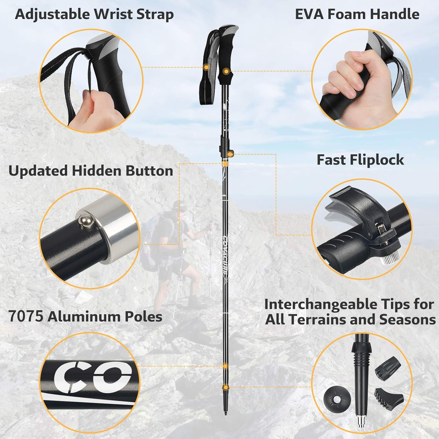 Trekking Poles Collapsible Hiking Poles - Aluminum Alloy 7075 Trekking Sticks with Quick Lock System, Telescopic, Collapsible, Ultralight for Hiking, Camping(Black) : Sports & Outdoors