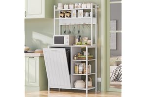 Dephet Kitchen Bakers Rack with Storage Shelf - 6-Tier Microwave Stand Oven Cabinet W/Tilting Trash Can Bin and Power Outlet, Farmhouse Thickened Coffee Bar Table Station W/6 Hooks&Adjustable feet