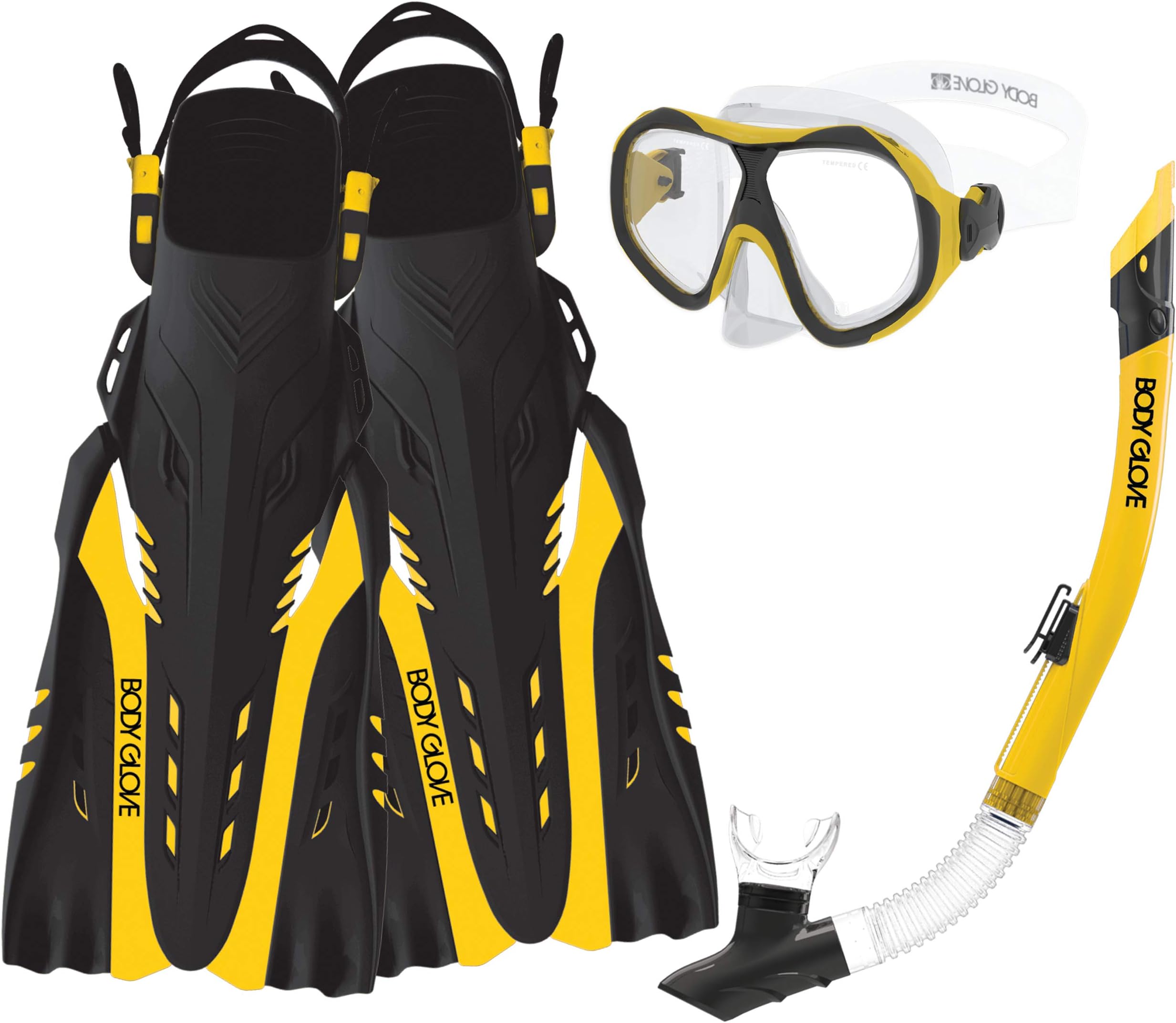 Body Glove Aquatic Enlighten II Mask Snorkel and Fins Set, Small/Medium, Yellow/Black
