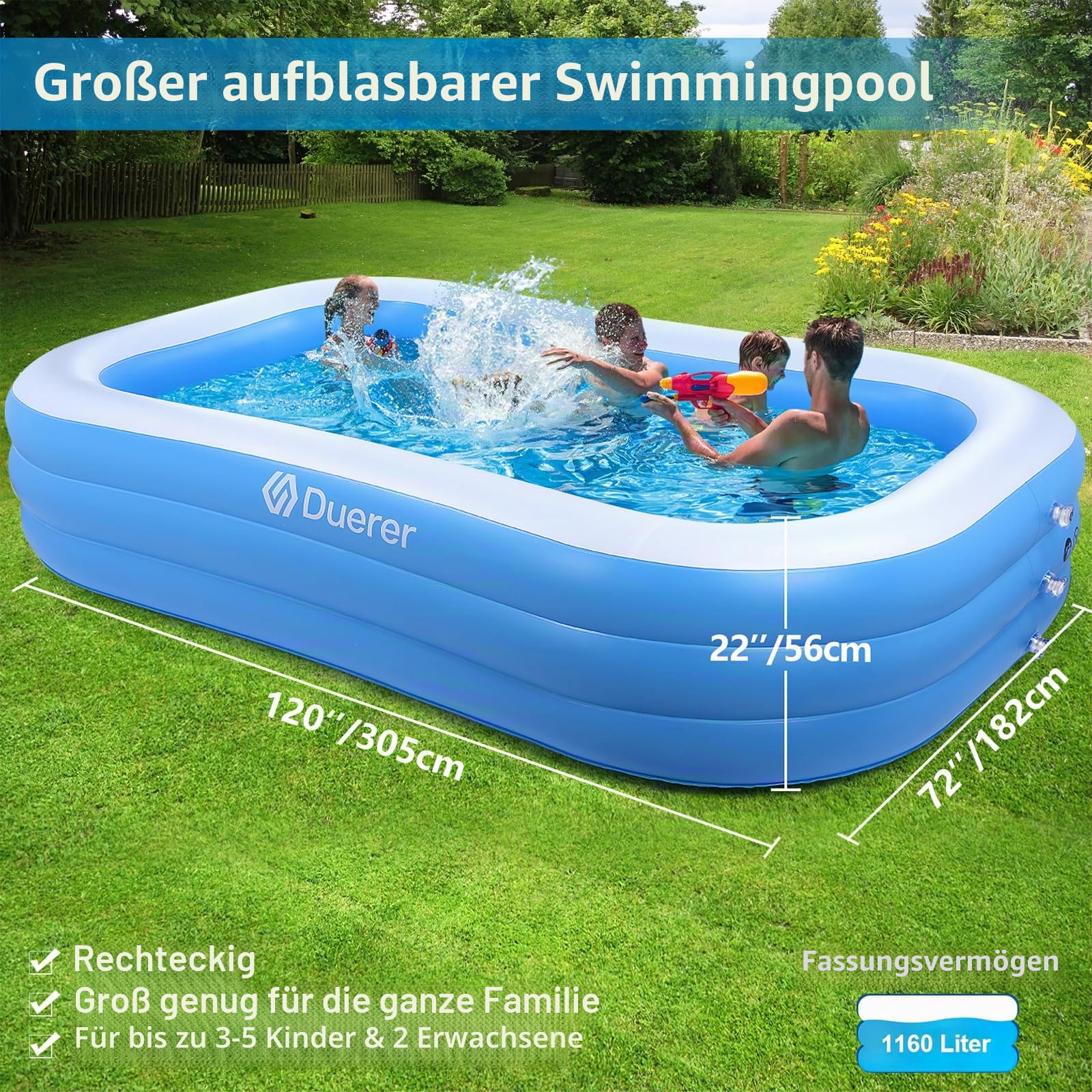 Duerer Aufblasbarer Pool Rechteckig, 305cm x 182cm x 56cm, Planschbecken groß für Kinder und Erwachsene Sommer Party, Aufblasbare Schwimmbecken, Familien Swimming Pool für Garten, Outdoor, Easy Set 2
