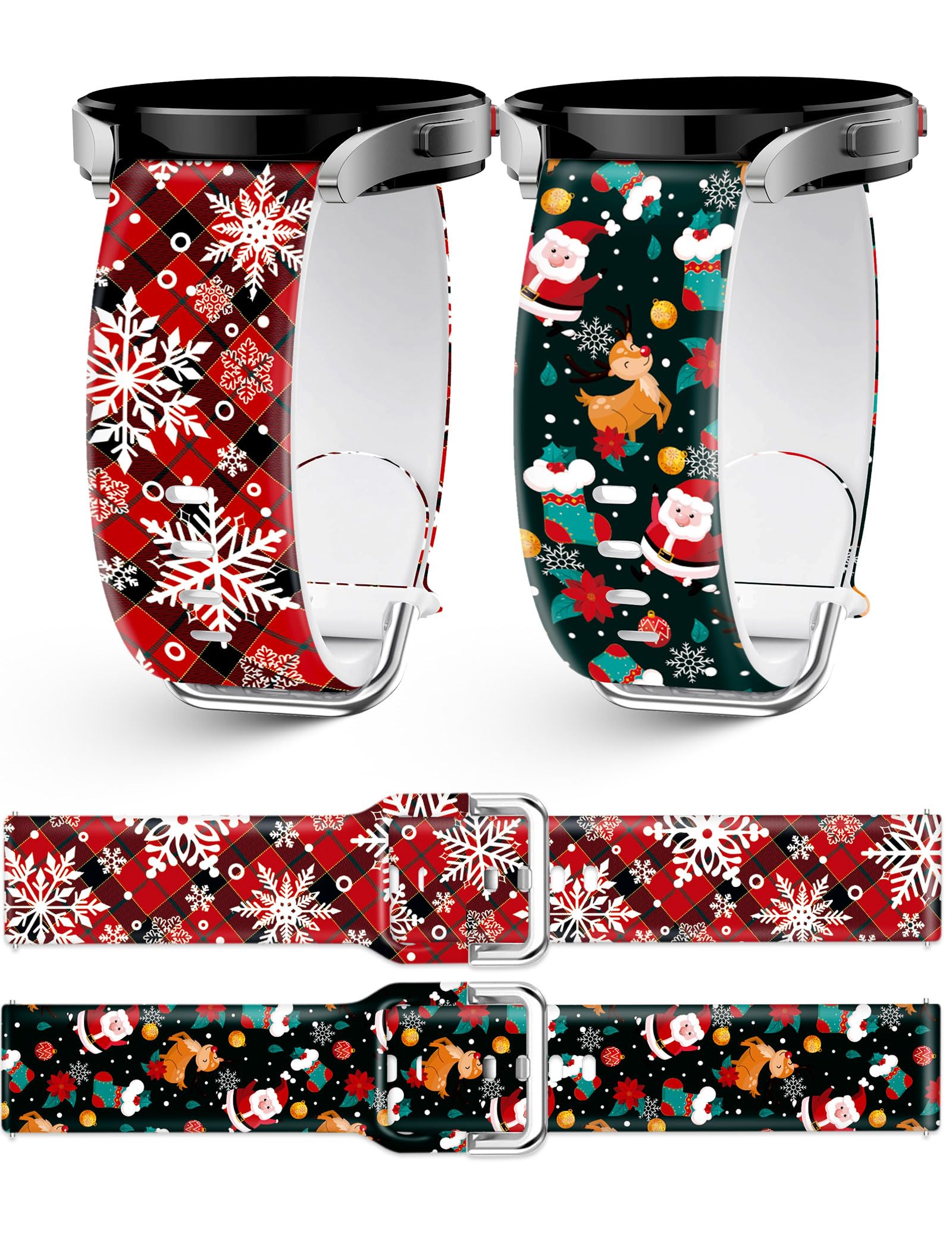 Photo 1 of 2 pack 20mm Christmas Halloween Fall Watch Band For Samsung Galaxy7/ 6/5/5 Pro/4/4 Classic/3 (41mm)/Active 1&2 , MylooverLEO Silicone Holiday Theme Santa Claus Snowman Printed Smartwatch Strap Replacemant (Christmas Red Snowflake Plaid & Darkgreen Santa)
