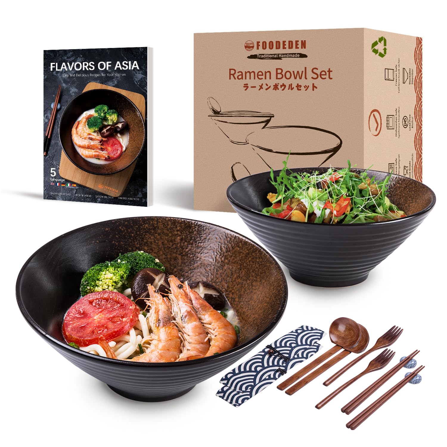 Ramen Bowl Set of 2, 1000ml Japanese-Style Ceramic Noodle Soup Bowl with Spoons, Chopsticks and Forks, Large Bowl for Pho, Udon, Pasta, Curry and Cereal, Housewarming Gift - Microwave&Dishwasher Safe