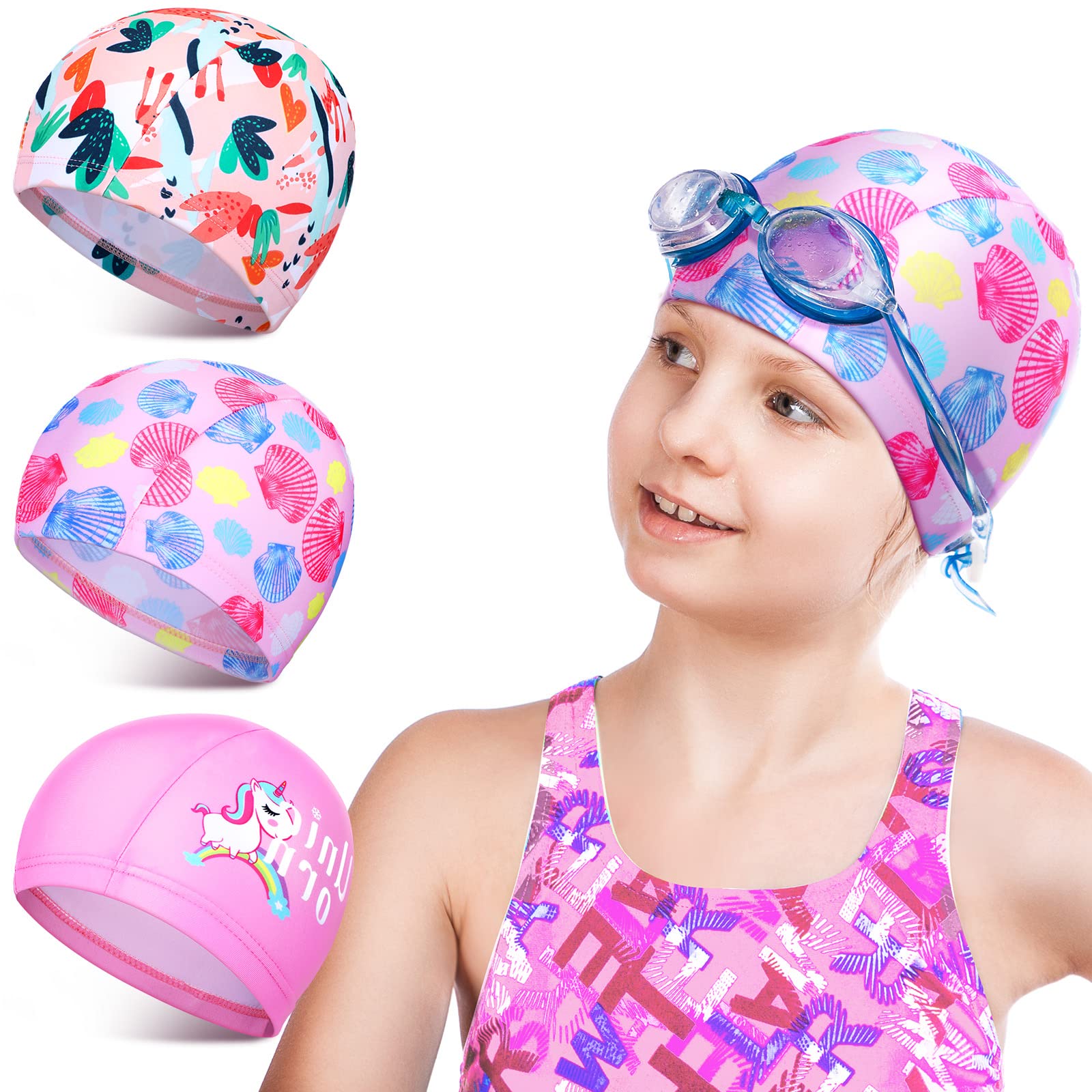 3 Pcs Kids Polyester Swim Caps Fabric Swimming Hat for Kids Flexible Nylon Long Hair Bathing Cap for Girls and Boys, Pink Series
