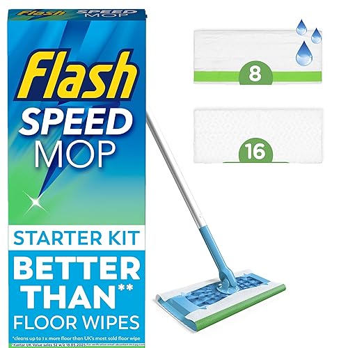 Flash Speedmop Floor Cleaner Starter Kit, Fast Easy and Hygienic (1 Handle, 8 Wet plus 16 Dry Refills), Trap and Lock Daily Dirt, Grease and Grime Without Getting Down On Your Knees