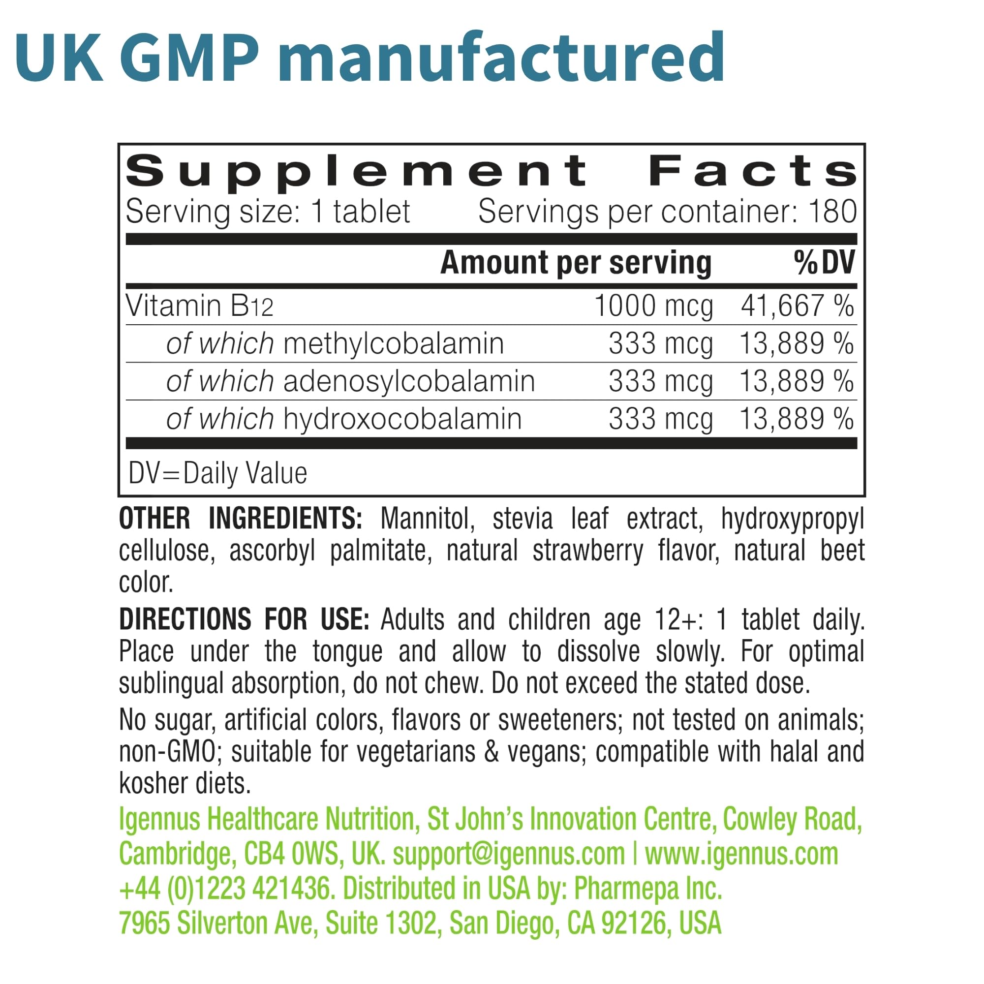 Igennus Sublingual Vitamin B12 Complex 1000mcg, Methylated Methylcobalamin, Adenosylcobalamin & Hydroxocobalamin, High Absorption & Clean, 180 Servings, Sugar-Free & Vegan