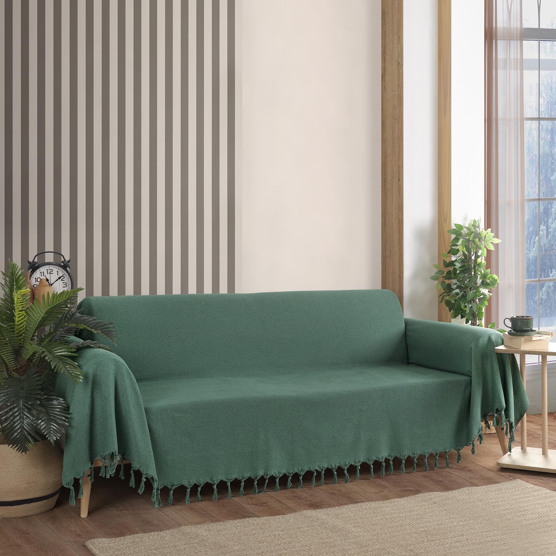 Milam London Large Sofa Throw | Extra Large Throws For Settees | Green Blanket | 100% Cotton Herringbone Throw | 180 x 300 cm Green