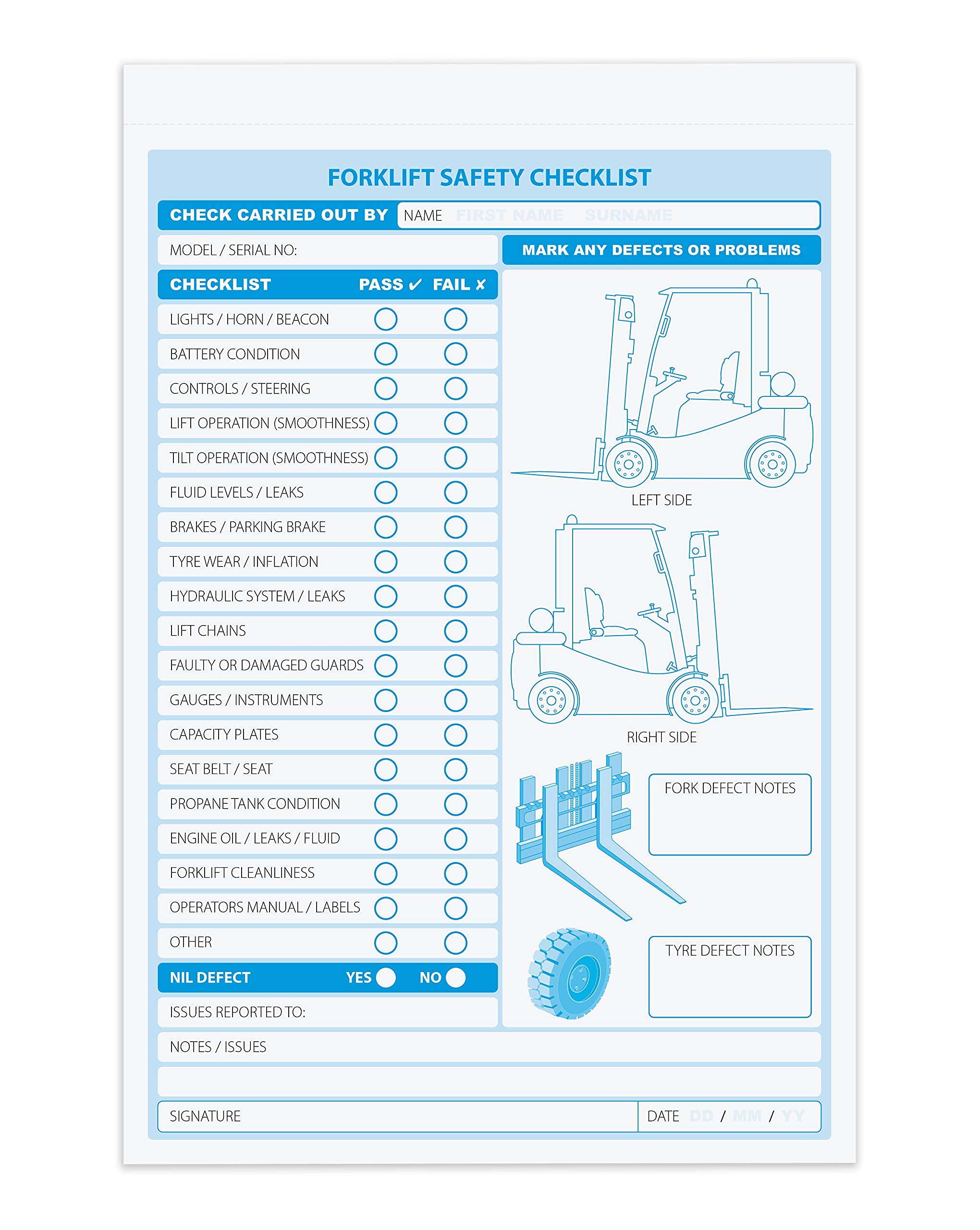 A5 Forklift defect Check List Book, 2 part (duplicate)