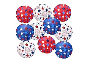 KAXIXI 4th of July Party Decorations Paper Lanterns, Red White Blue Patriotic American Star Printed Hanging Paper Lanterns for Independence Day Party Decorations, Indoor or Outdoor Decoration,10PCS