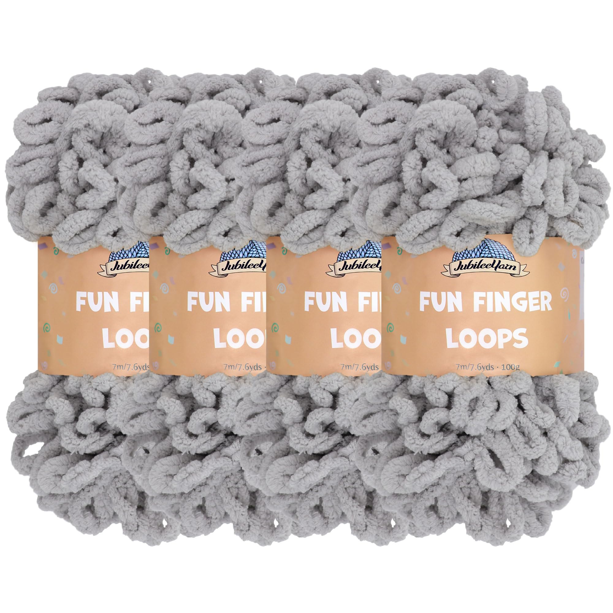 JubileeYarn Fun Finger Loops Yarn - Polyester Jumbo Weight Loop Yarn - 100g/Skein - Light Grey - 4 Skeins