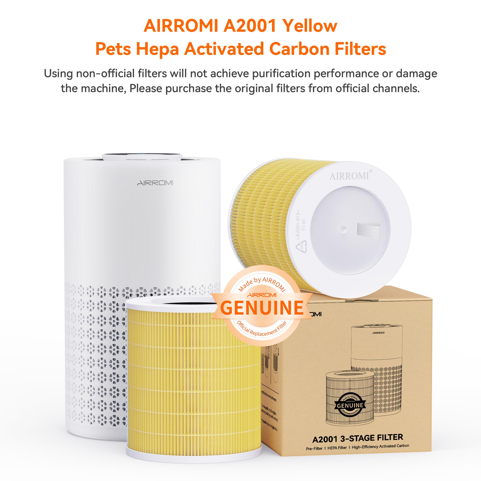 AIRROMI A2001 HEPA Air Purifier Replacement: Original 3-in-1 Filter, Removes 99.97% of 0.3 Micron Particles, Yellow Activated Carbon Filter - Pets & Allergen Specific 1 Pack