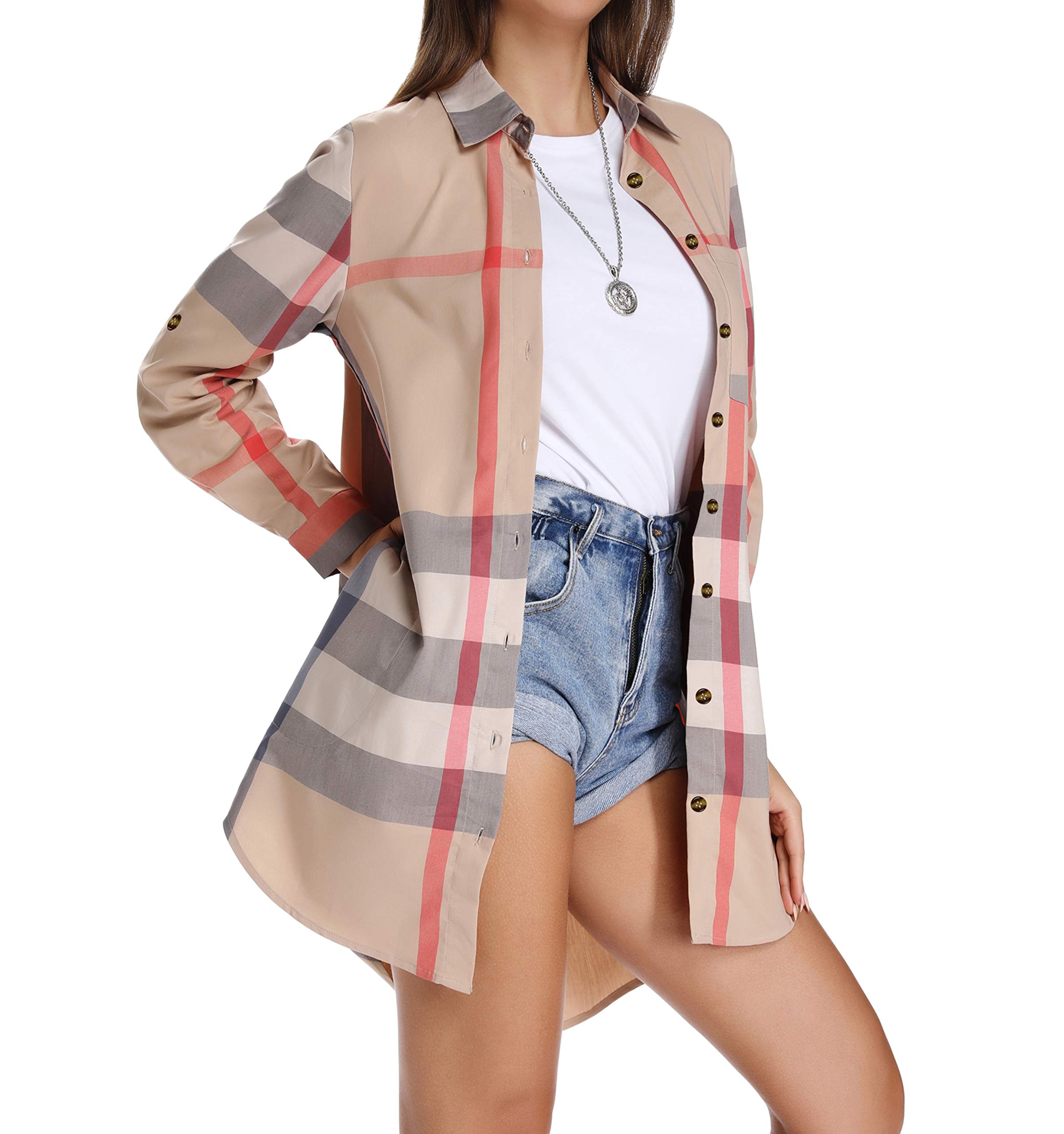 Acloth Women's Plaid Button Down Shirts Roll-up Sleeve Blouses Loose Fit Tops with Pocket